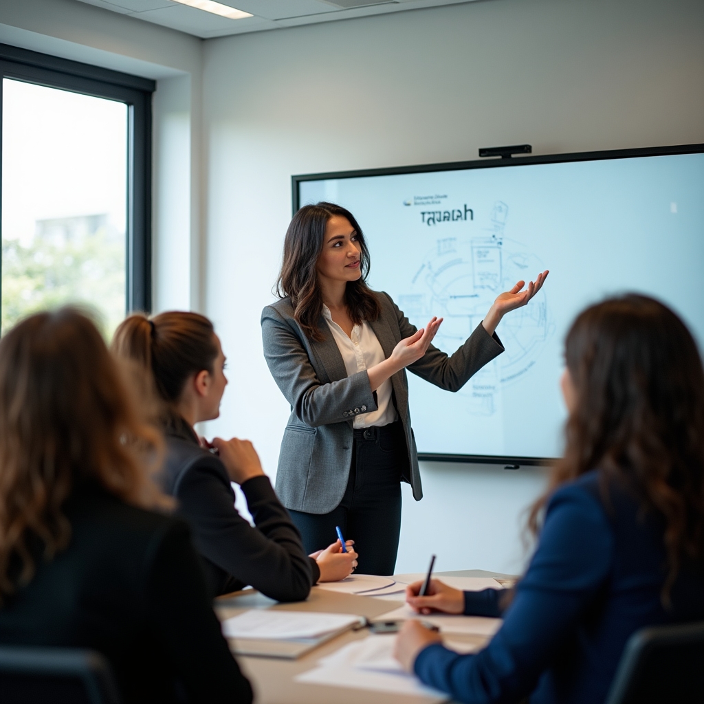 Facilitator prezentând un atelier de comunicare în fața unui grup de manageri