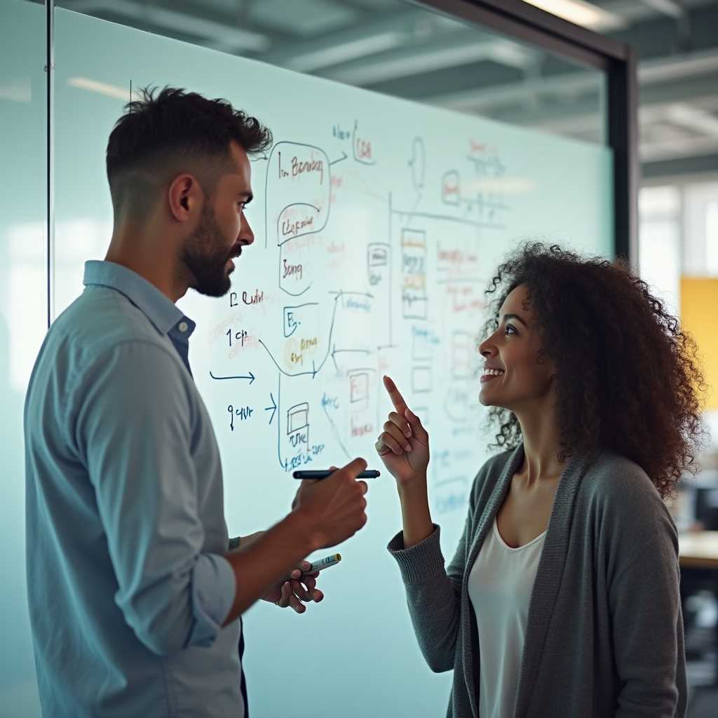 Discuție la whiteboard despre cerințe de proiect între manager și echipă de dezvoltare